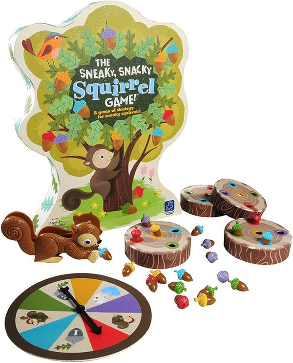 Children's board game set with a squirrel-themed packaging, spinner, and game pieces on a white background.