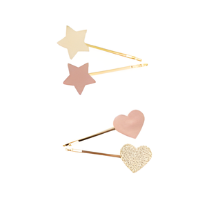 Set of star and heart-shaped hair clips on a white background