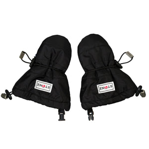 Pair of black dog coats with STNZ logo on a white background