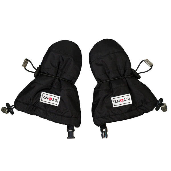 Pair of black dog coats with STNZ logo on a white background