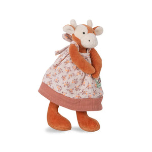 A plush doll depicting a green frog wearing a multicolored shirt with a pattern of hearts and other shapes, designed for small hands with a sweet, embroidered face.