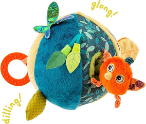 A colorful activity ball with a jungle theme, featuring a blue body, green leaves, and an orange and gray mouse-like toy attached to it. The ball has tactile elements and a ring for grip,