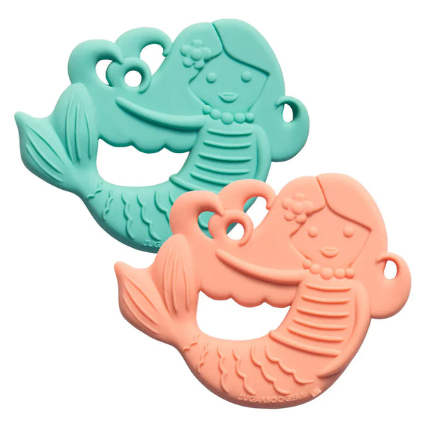 Two mermaid-shaped silicone teether toys, one turquoise and one peach, on a white background.
