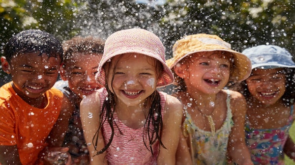 Children playing in water with smiles on their faces and sunscreen on their faces