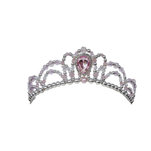 Silver tiara with pink gemstones on a white background