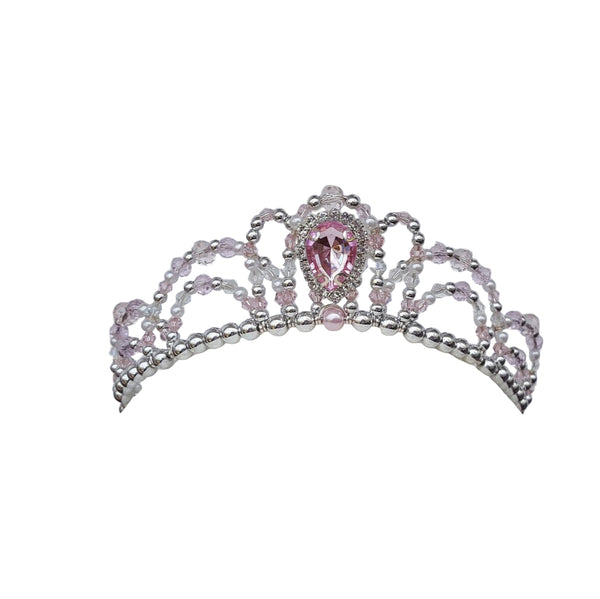 Silver tiara with pink gemstones on a white background