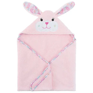 A baby hooded towel with a character design, predominantly blue, being worn by a smiling infant.