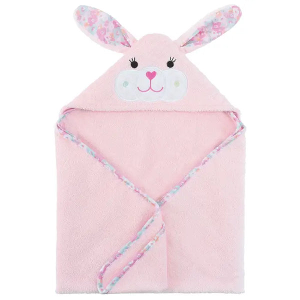 A baby hooded towel with a character design, predominantly blue, being worn by a smiling infant.