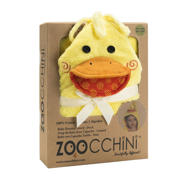 Zoocchini duck-shaped hooded towel in packaging on a white background