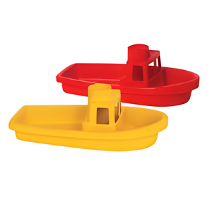 Two toy boats, one yellow and one red, on a white background