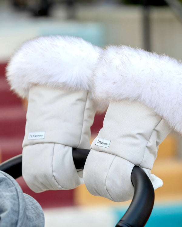 7AM WarmMuff Stroller Hand Muffs | Tundra Collection | Heather Beige with White Fur