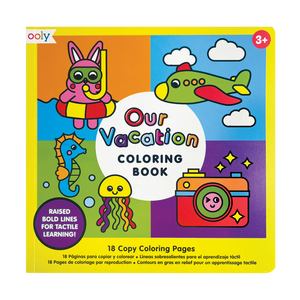 A coloring book cover with the title 'Our Vacation Coloring Book' featuring colorful illustrations of a rabbit, a plane, a jellyfish, and other vacation-related items. It is rated 3+ indicating suitable for ages 3 and up.