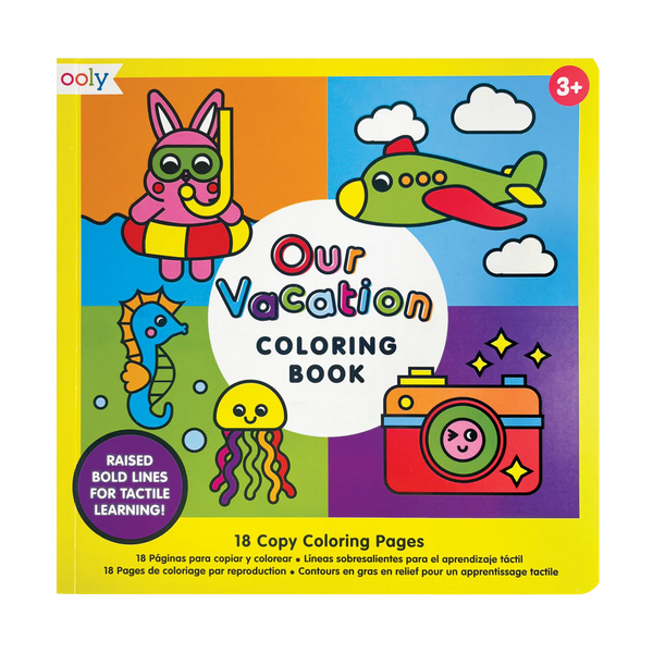 A coloring book cover with the title 'Our Vacation Coloring Book' featuring colorful illustrations of a rabbit, a plane, a jellyfish, and other vacation-related items. It is rated 3+ indicating suitable for ages 3 and up.