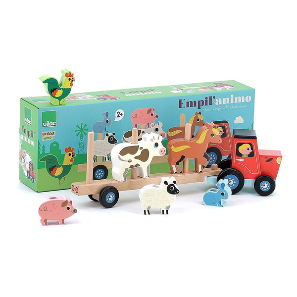 Vilac | Wooden Stacking Tracker and Trailer with Animals