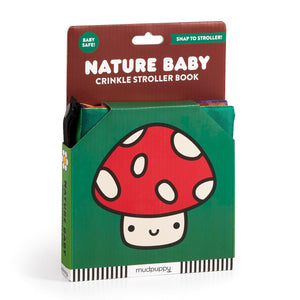 Nature Baby crinkle stroller book packaging with a mushroom design on a white background