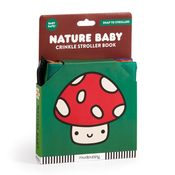 Nature Baby crinkle stroller book packaging with a mushroom design on a white background