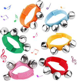 Set of colorful wristbands with silver bells on a white background