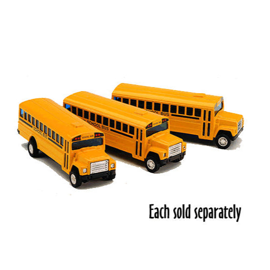 A set of diecast school buses in yellow, each varying in size, displayed on a neutral background with a caption that says 'Each sold separately'.