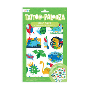 Packaging for Tattoo-Palooza temporary tattoos featuring various colorful dinosaur designs.