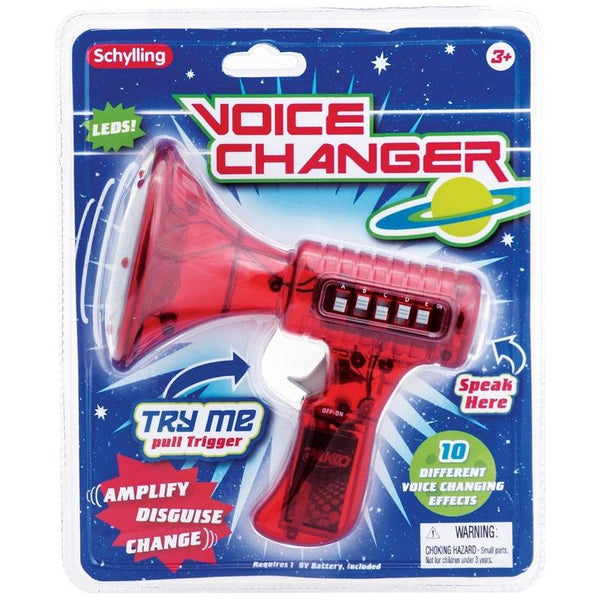 Schylling Voice Changer toy packaged in plastic with red color visible. The packaging indicates it has 10 different voice changing effects and requires one 9V battery (included).