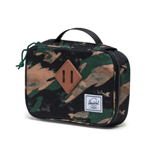 Camouflage-patterned lunch bag with a brand logo on a white background