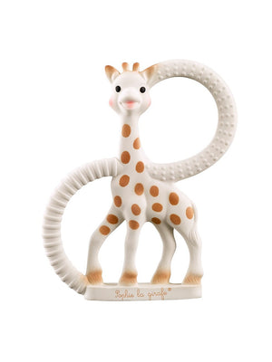 A white giraffe teething ring with brown spots, designed for babies.