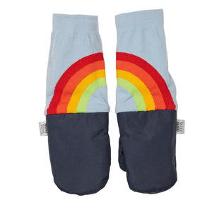 Pair of mittens with a rainbow design on a light blue background