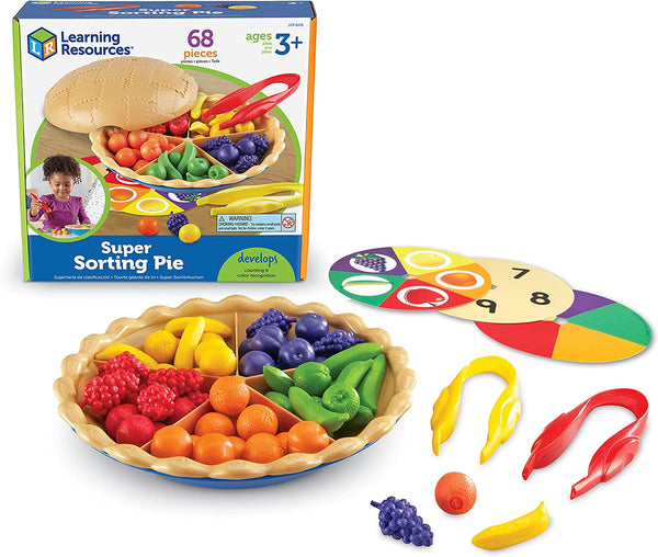 A colorful educational toy set called 'Learning Resources Super Sorting Pie' which includes a plastic pie plate with counters, three double-sided sorting cards, and two jumbo tweezers.
