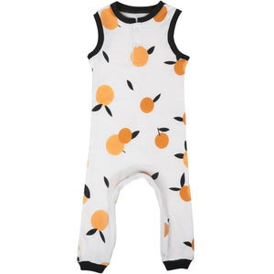 A baby romper with a citrus fruit pattern, predominantly white with orange accents, featuring short sleeves and an open-front design.