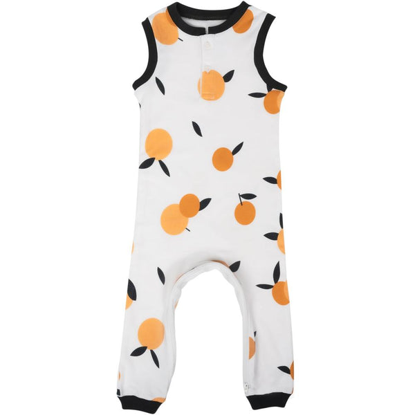 A baby romper with a citrus fruit pattern, predominantly white with orange accents, featuring short sleeves and an open-front design.