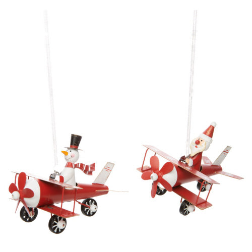 Silver Tree Christmas Tree Ornament: Santa or Snowman in Airplane