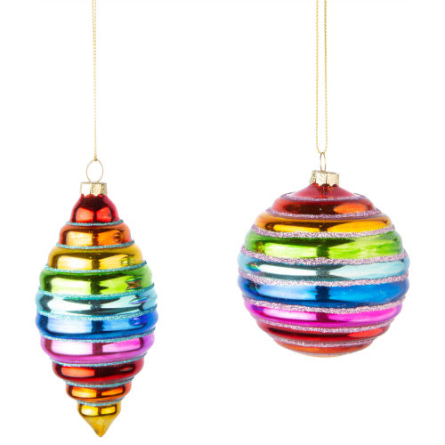 Silver Tree Christmas Tree Ornament: Ribbed Glass Ball Rainbow Colours